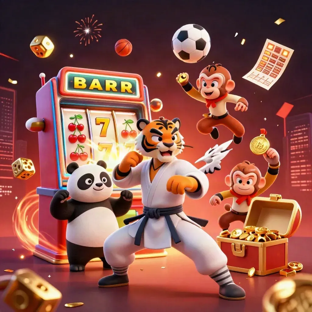 Tiger, panda, and monkey in a casino blast with slot burst, gold, dice, and sports props.