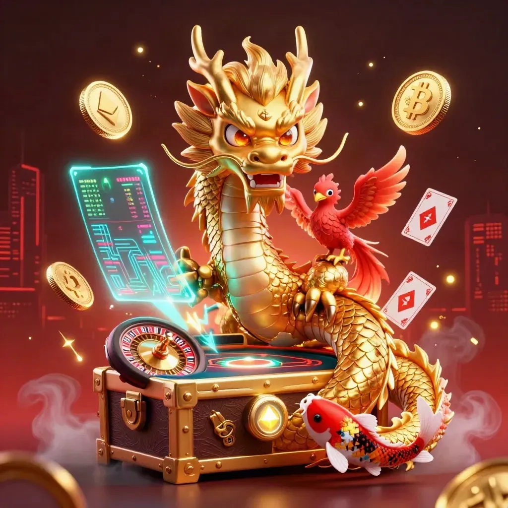 Golden dragon, phoenix and koi around a chest in a neon casino scene.