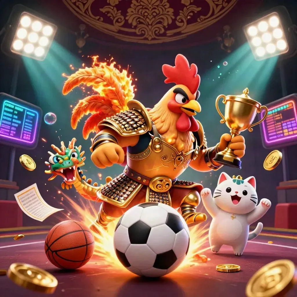 Rooster warrior, dragon hatchling, and fortune-cat in a casino sports explosion with flying balls and gold light.