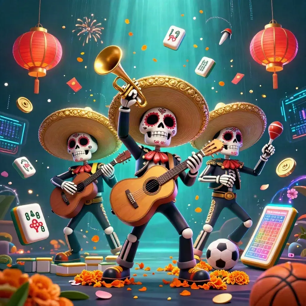 Skeleton mariachi trio exploding amid casino props, neon energy, and underwater light rays.