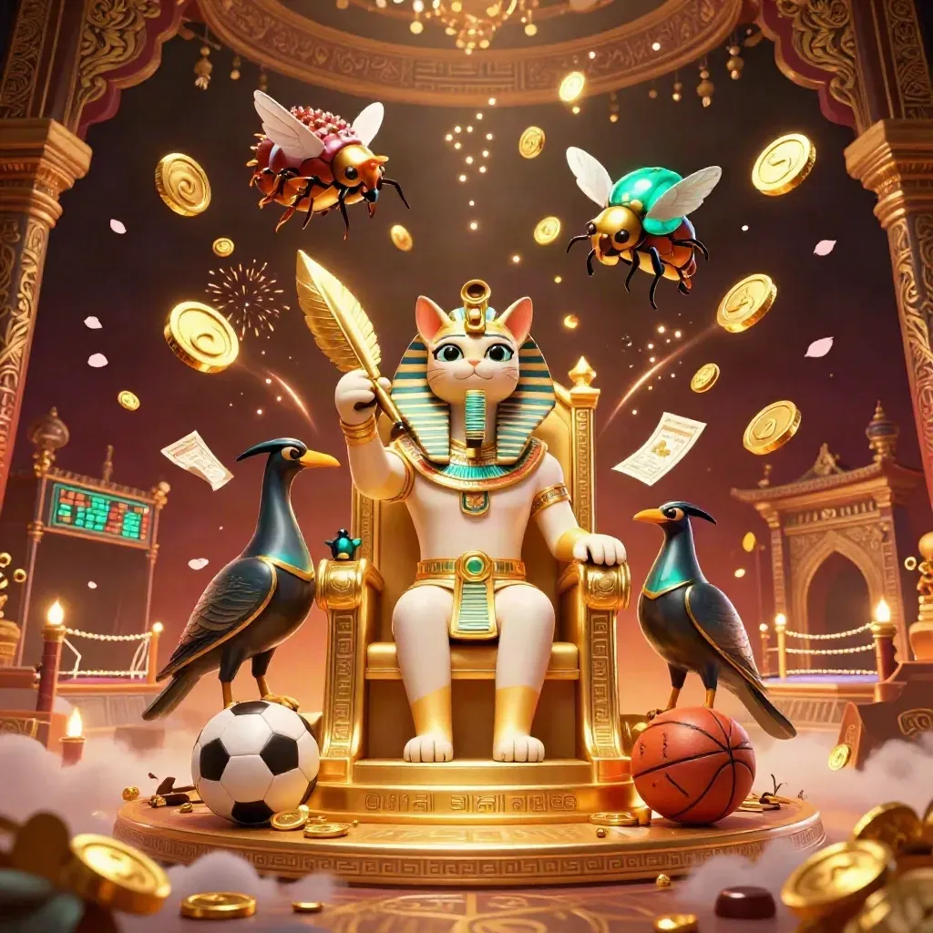 Pharaoh cat on gold throne with ibis scribe, scarabs, coins, fireworks, sports gear, and glowing casino effects