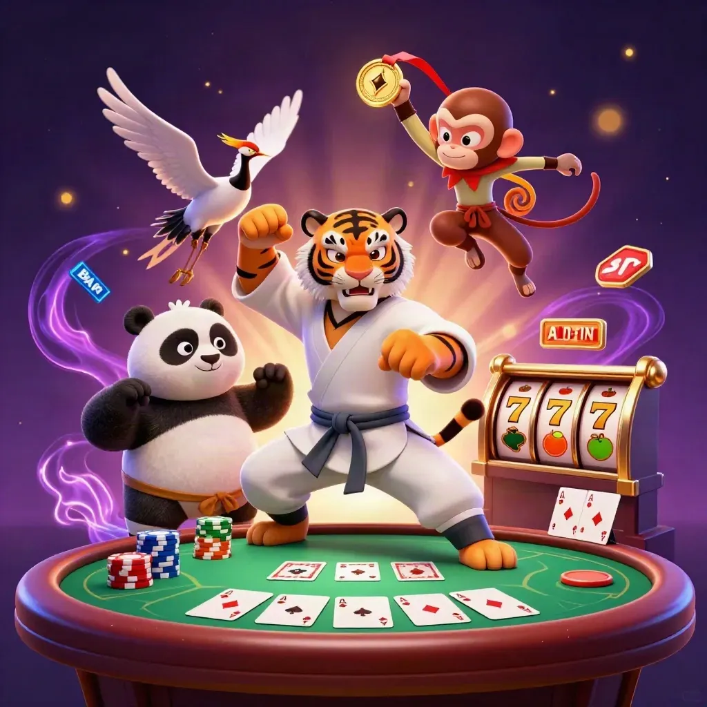 Kung-fu tiger, panda, and monkey amid casino chips, cards, reels, and neon magic in a purple void.
