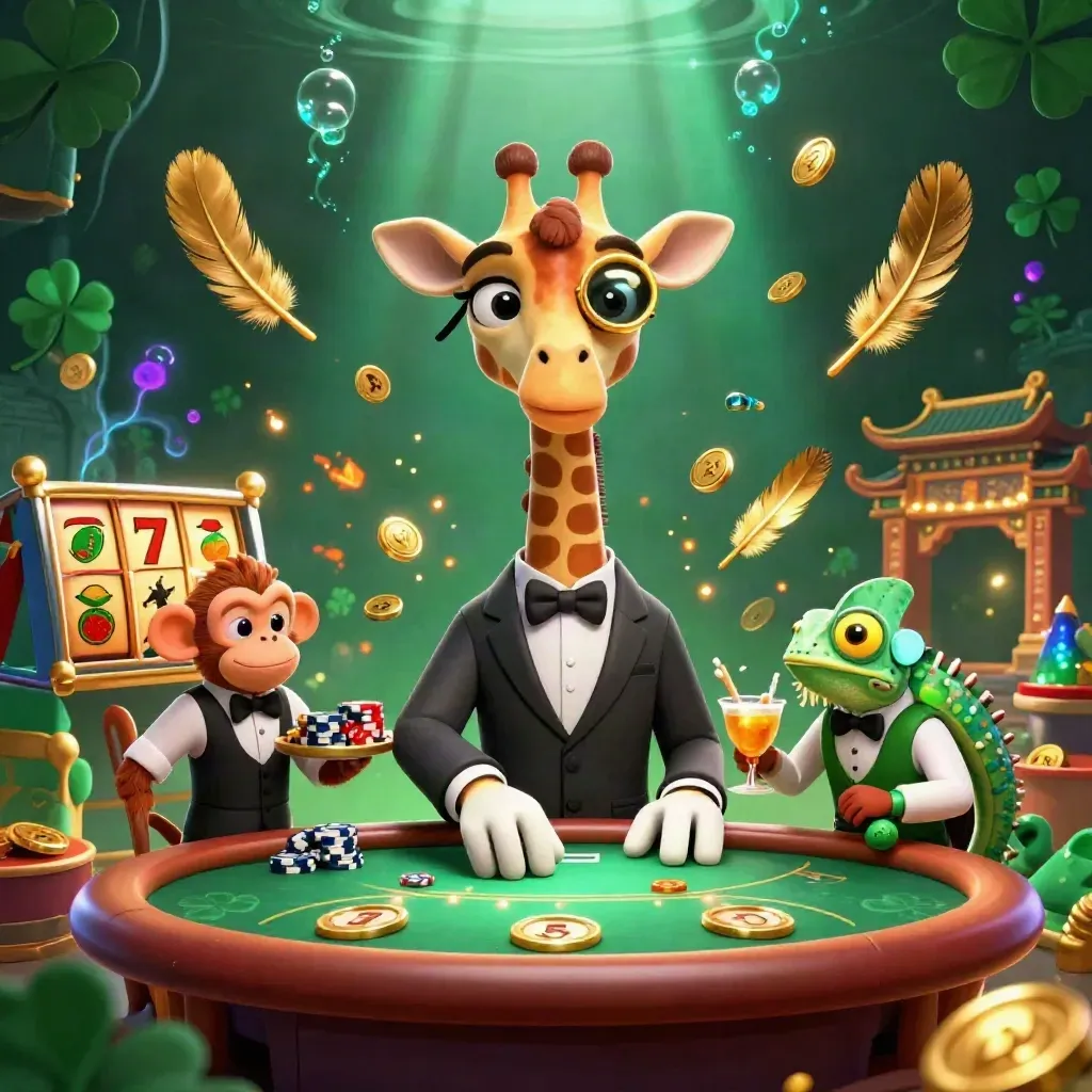 Giraffe, monkey valet and chameleon bartender in a casino splash scene with coins, reels and glowing effects.